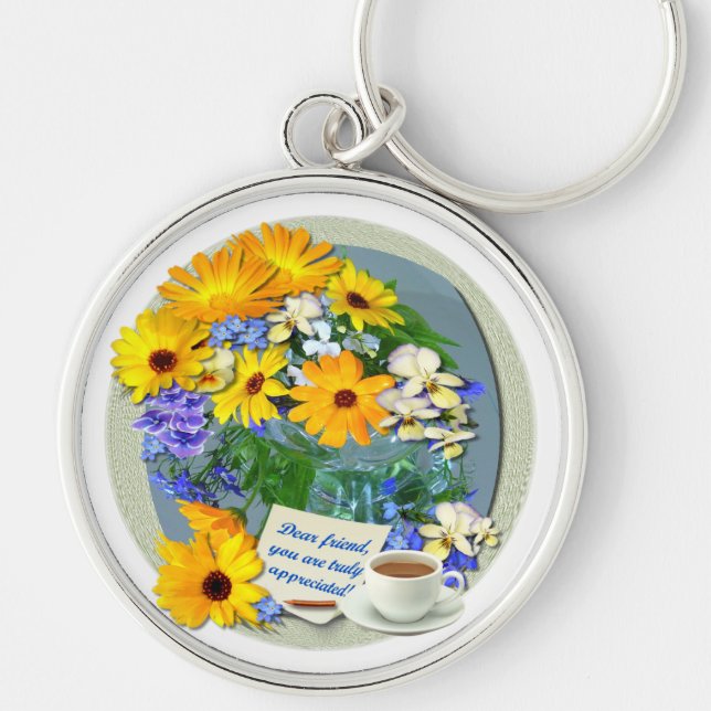 MARIGOLD POSY ~ Premium Round Vänskap Keychain Rund Silverfärgad Nyckelring (Framsidan)