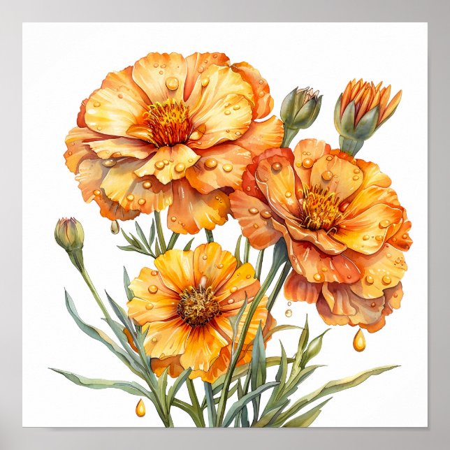 Marigold Print, Orange Flowers Wall Art Poster (Framsidan)