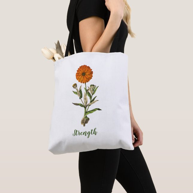 Marigold Strength Inspirational Blommigt Tote Bag Tygkasse (Närbild)