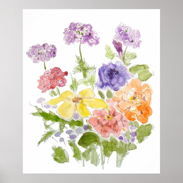 Marigold verbena och petunia bläck och vattenfärg poster (Framsidan)