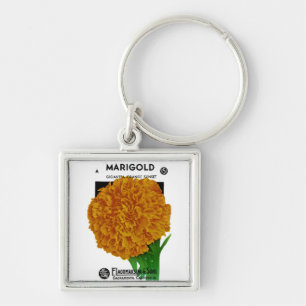 Marigold Vintage Seed Packet Fyrkantig Silverfärgad Nyckelring