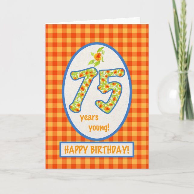 Marigolds and Check Gingham: 75:e Birthday Card Kort (Framsida)