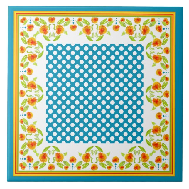 Marigolds Gräns och Polka dots Ceramic Tile Kakelplatta (Framsidan)