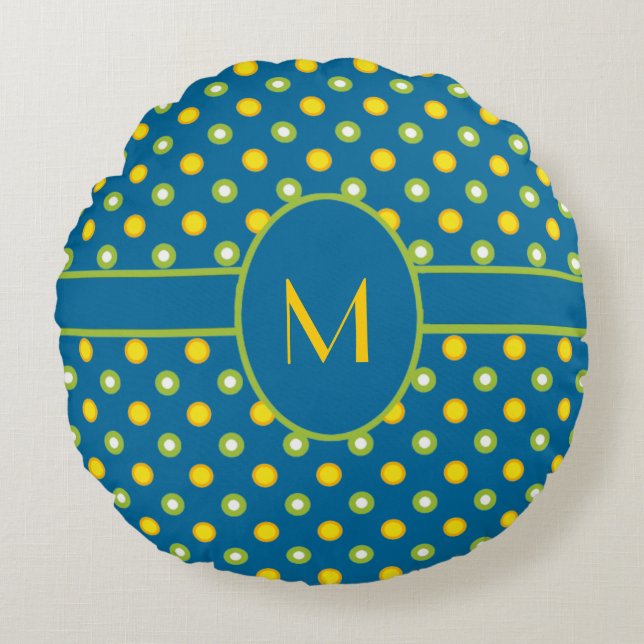 Marigolds, Grönt, Gult Polka Dot Monogram Pillow Rund Kudde (Framsidan)