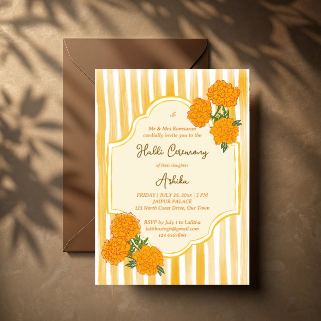 Marigolds gult rand Haldi Indian bröllop Inbjudningar (Marigolds yellow stripes Haldi Indian wedding Invitation)