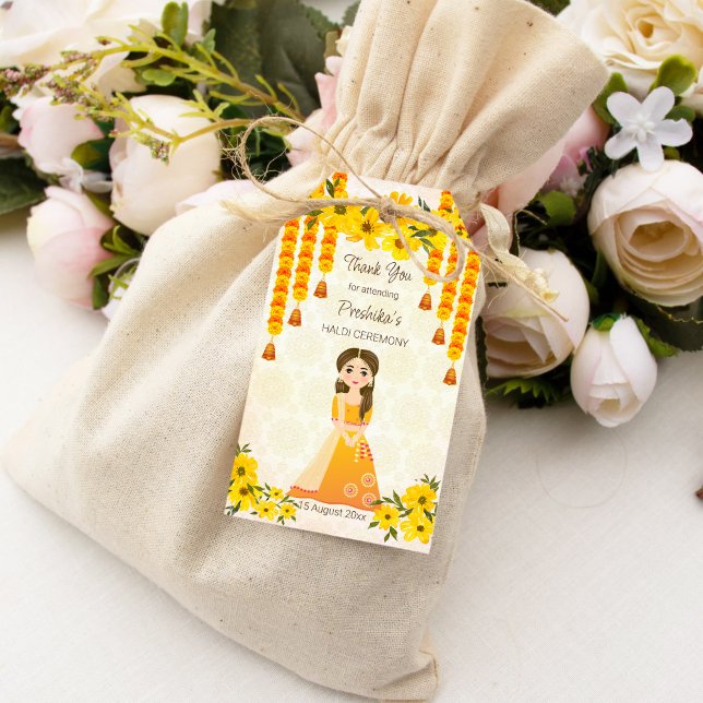Marigolds söta indianska flicka Haldi personlig Presentetikett (Marigolds cute Indian girl Haldi personalized Gift Tags)