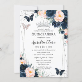 marin blå Blommigt Butterflies Quinceañera Inbjudningar
