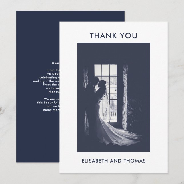 Marin blå och foto elegant bröllop tack kort (Fram/baksida)