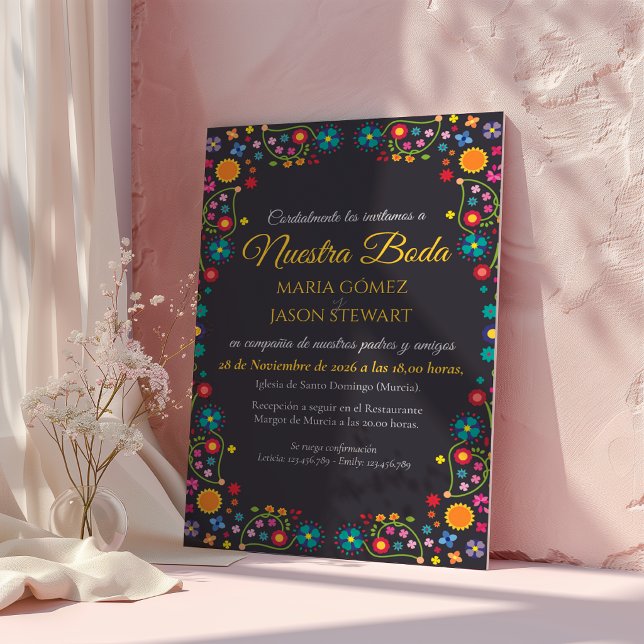 Marin Blommig Estetisk Folkkonst Spansk Bröllop Inbjudningar (Navy Floral Aesthetic Folk Art Spanish Wedding Invitation)