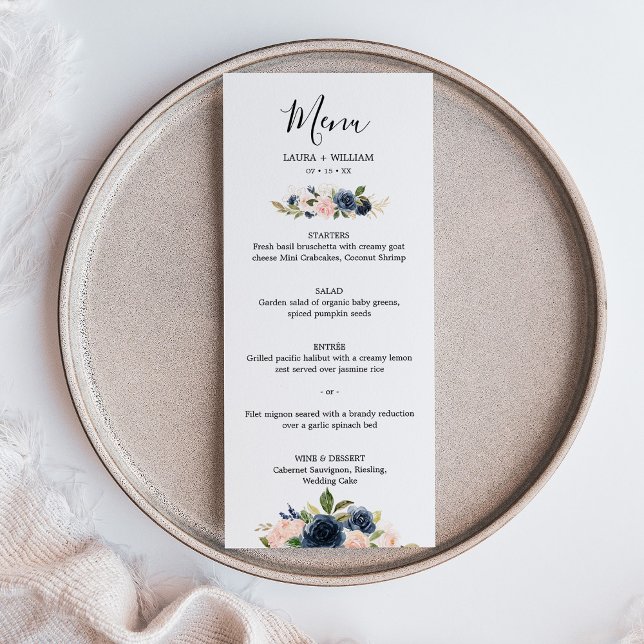  marin Blommigt Golden Lövs Bröllop Menu Meny (Navy Blush Floral Golden Leaves Wedding Menu)