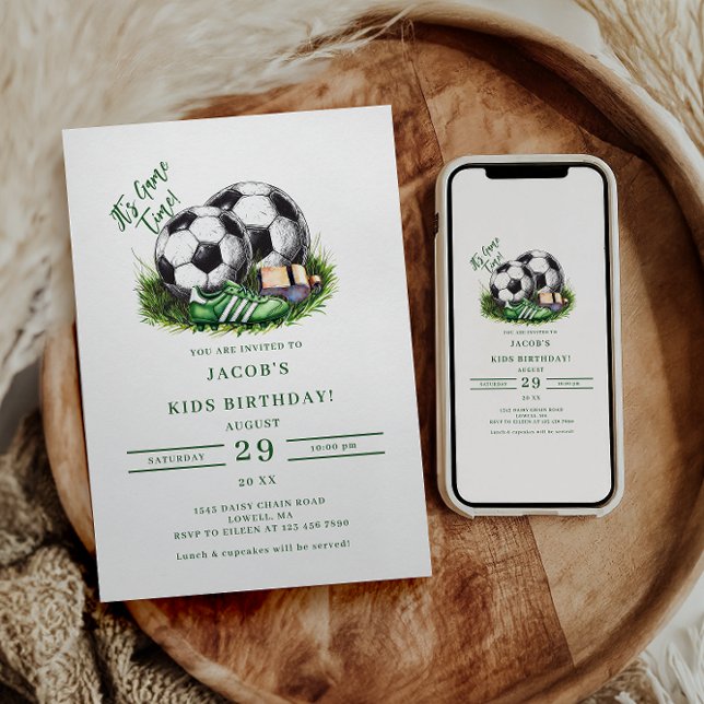 Marin grön Fotboll Barn Vattenkolorit Inbjudningar (Skapare uppladdad)