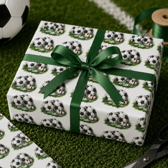 Marin grön Fotboll Barn Vattenkolorit Presentpapper (Navy green Soccer Kids Watercolo Wrapping Paper)