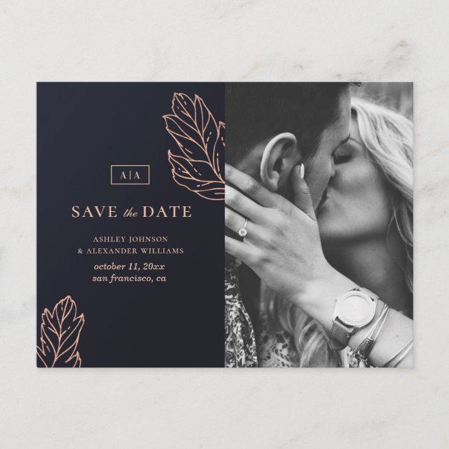 Marin gul elegant bröllop. Blå Save the Date Vykort (Framsida)