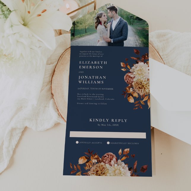 Marin Höst Foto Bröllop Allt I En Inbjudan (Navy Blue Fall Wedding Photo All In One Invitation by Painted Paperie
)