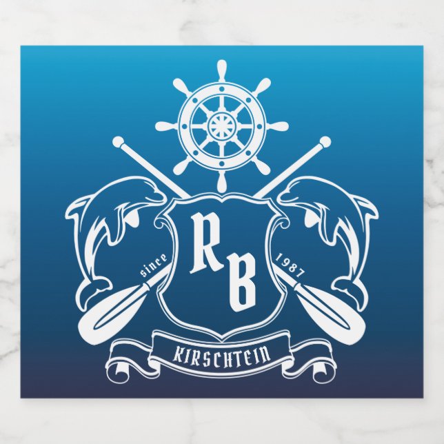 Marin Insignier Delfiner Hjälm Åror Sköld Naustik Ölflaska Etikett (Singel etikett)