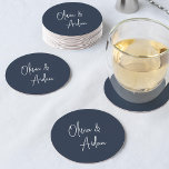 Marin | Modern handskriven Bröllop Underlägg Papper Rund<br><div class="desc">Designad för att matcha våra Modern Handwriter-bröllopsinbjudningar. En vacker typografibaserad design med minimalistisk känsla,  med namn i modern handskript på marinblå bakgrund.</div>