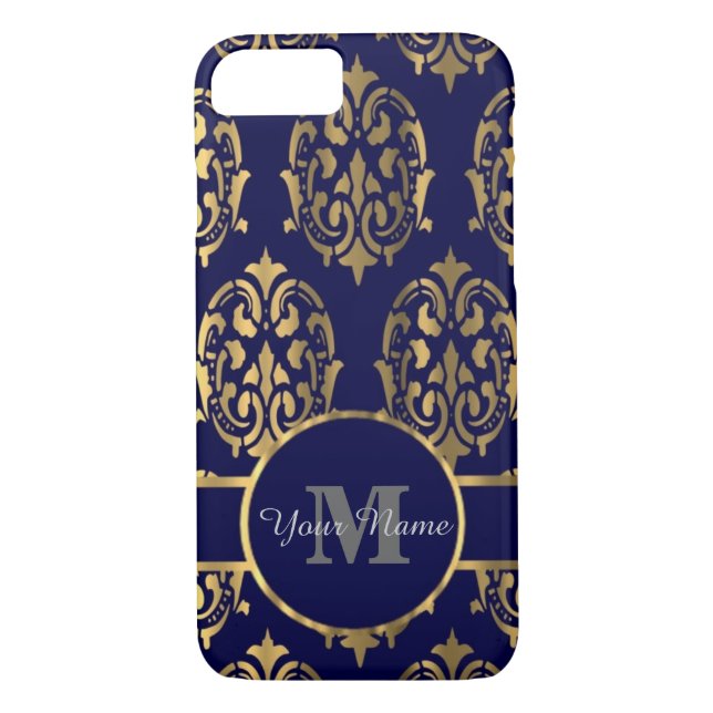 Marin- och gulddamastmonogram Case-Mate iPhone skal (Baksida)