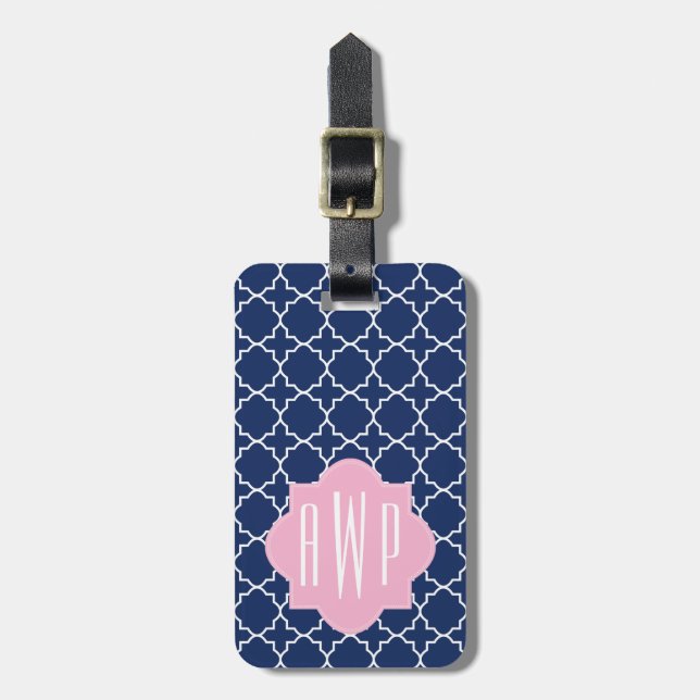 Marin Quatrefoil & rosa Monogram Bagagebricka (Vertikal Framsida)