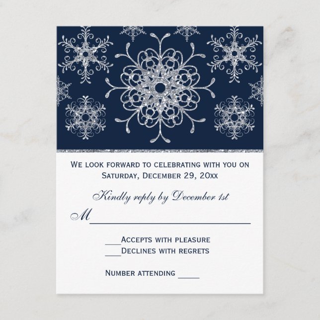 Marin silver glitter LOOK Snöflingor RSVP-kort OSA Kort (Framsida)