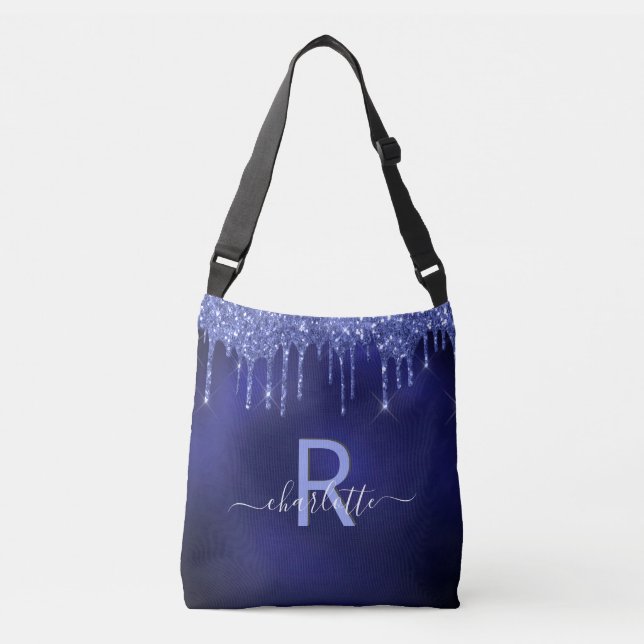 Marina blå glitter droppar monogram axelväska (Framsida)