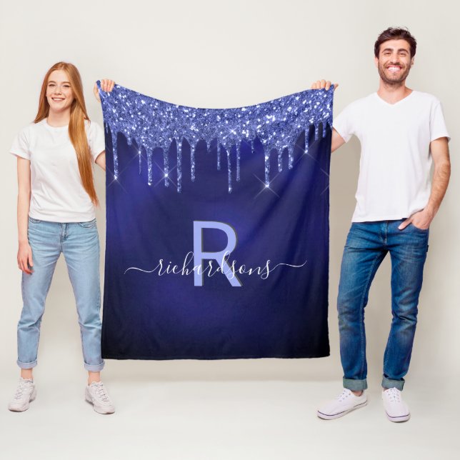 Marina blå glitter droppar monogram initalt namn fleecefilt (På plats)