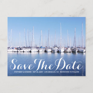 Marina Boats Blue Nautical Save Date Postcard Vykort