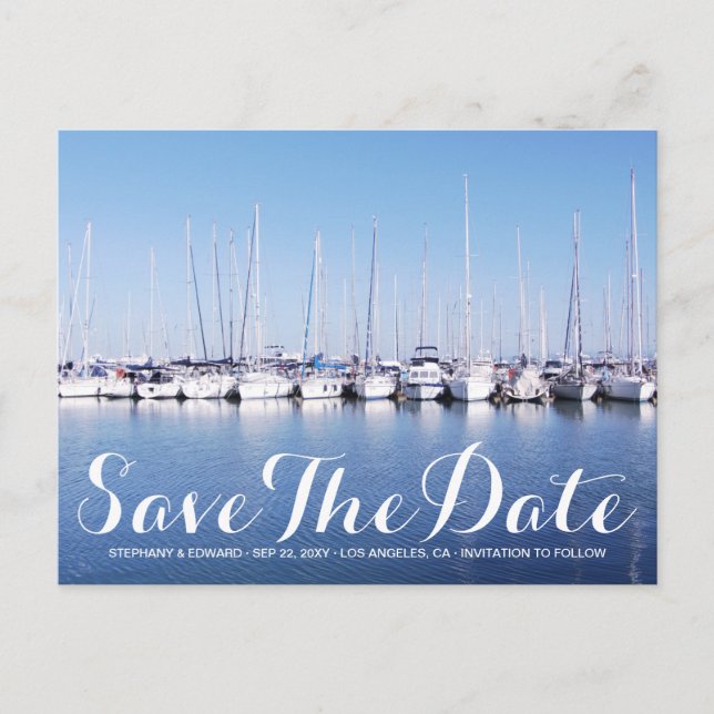 Marina Boats Blue Nautical Save Date Postcard Vykort (Framsida)