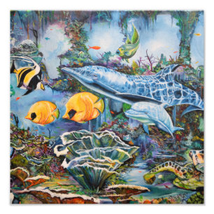 Marina djur av färglös blå röd Gult Fototryck