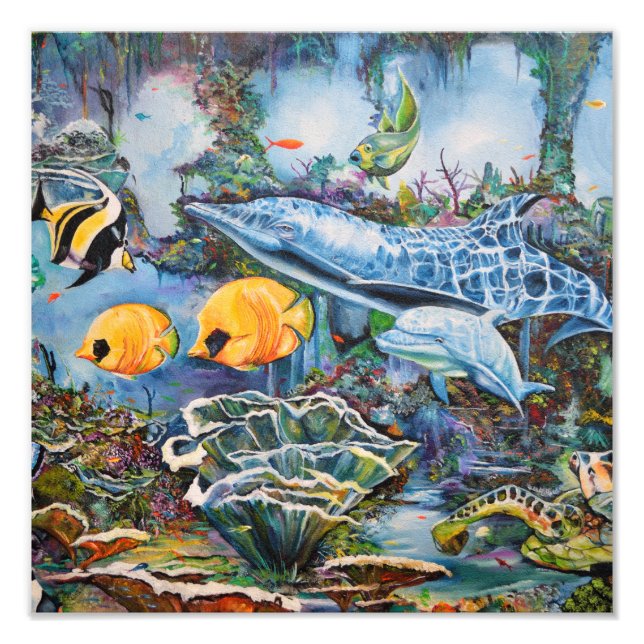 Marina djur av färglös blå röd Gult Fototryck (Framsidan)