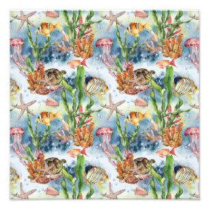 Marina djur Koral Reef Fish Jellyfish Sjögräs Fototryck