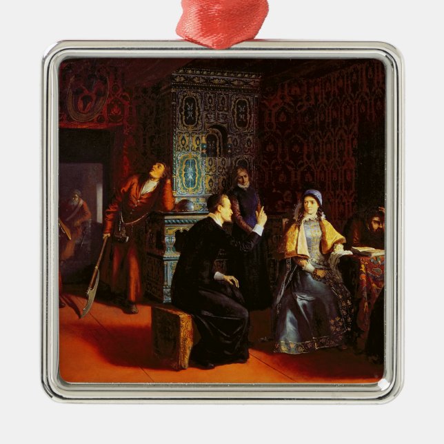 Marina Mniszech under gripande med en präst, 1883 Julgransprydnad Metall (Framsidan)