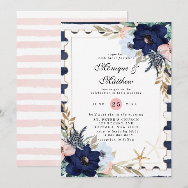 Marina Nautical Blooms Navy  Rosa Bröllop Inv Inbjudningar (Fram/baksida)