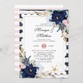 Marina Nautical Blooms Navy  Rosa Bröllop Inv Inbjudningar