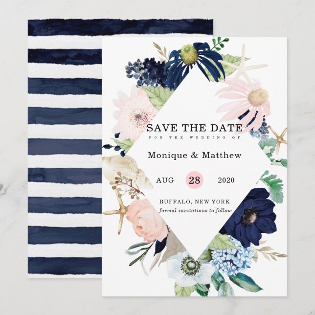 Marina Nautical Blooms Navy  Save Date Inbjudningar (Fram/baksida)