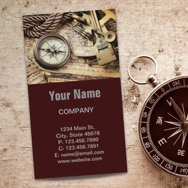 marinantik kompass vid kuststranden visitkort (steampunk coastal beach nautical antique compass business card)