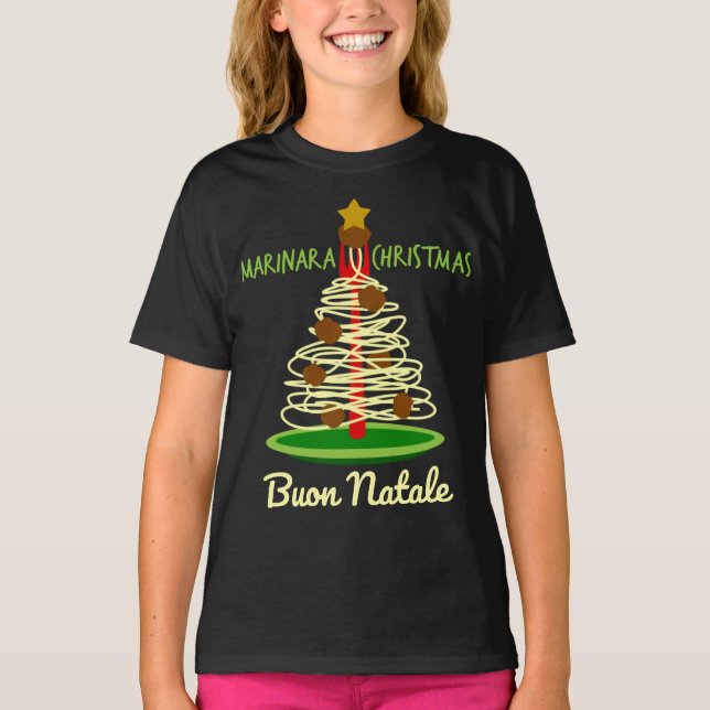 Marinara jul Buon Natale Spaghetti Träd T Shirt (Framsida)