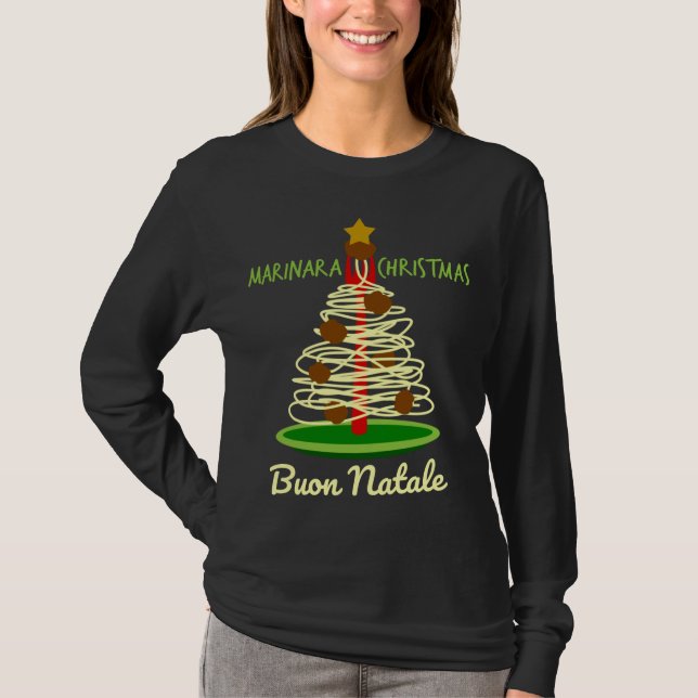 Marinara jul Buon Natale Spaghetti Träd T Shirt (Framsida)