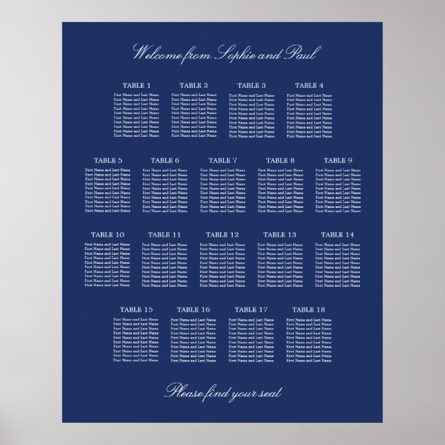Marinblå 18 bords bröllopsställningsschemaaffisch poster (Framsidan)