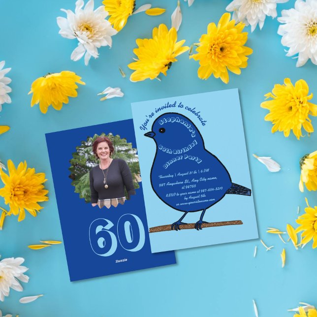 Marinblå 60-årsdag Söt Fågel Middagsfest Inbjudningar (Skapare uppladdad)