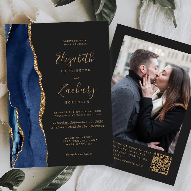 Marinblå Agat Mörk Foto QR-kod Bröllop Inbjudningar (Skapare uppladdad)