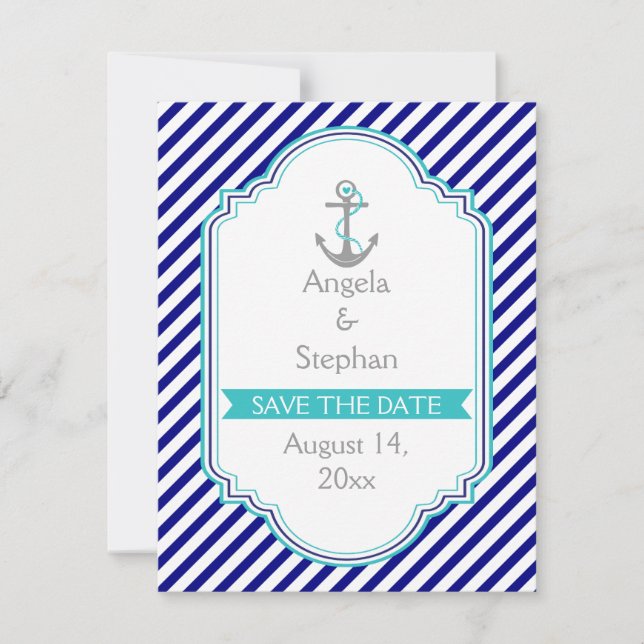 Marinblå, akblå nautisk bröllops Save the Date Inbjudningar (Framsida)