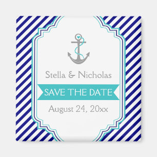 Marinblå, akblå nautisk bröllops Save the Date Magnet