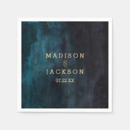 Marinblå akvarell- och guldmonogrambröllop pappersservett