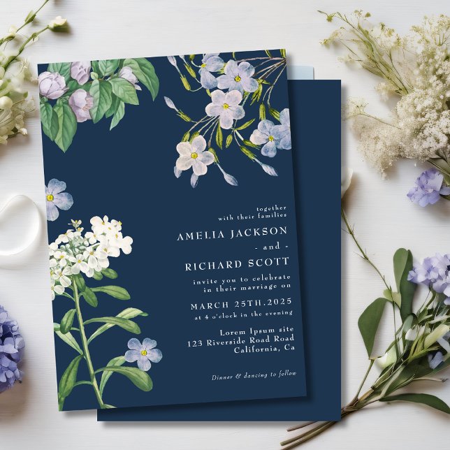 Marinblå akvarell vilda blommor klassiskt bröllop inbjudningar (Skapare uppladdad)