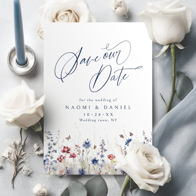 Marinblå Akvarell Vildblomma Rustik Bröllop Spara Datumet (Navy Blue Watercolor Wildflower Rustic Wedding Save The Date)