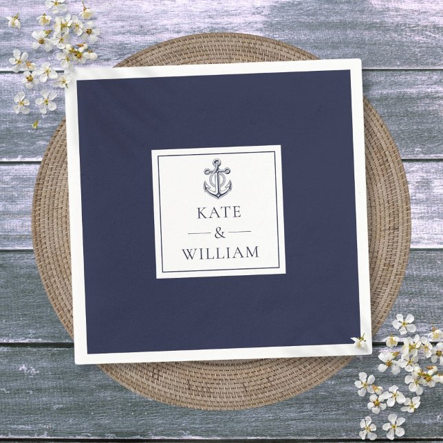 Marinblå Ankare Marin Bröllop Pappersservett (Navy Blue Anchor Nautical Wedding Napkins)