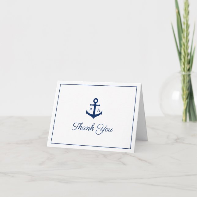 Marinblå Ankare Monogram Marin Bröllop Tack Kort (Framsida)