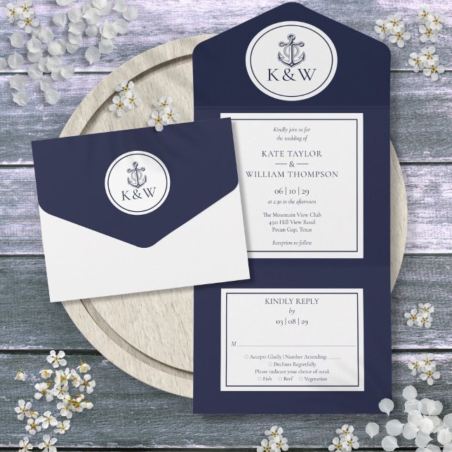 Marinblå Ankarna Navigational Bröllop (Navy Blue Anchor Nautical Wedding All In One Invitation)