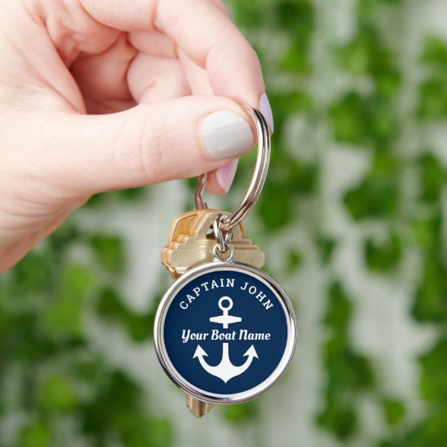 Marinblå anpassad kaptens- och båtnamnsankare rund silverfärgad nyckelring (Hand)