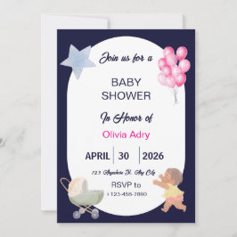 Marinblå Baby Shower-inbjudan | Akvarell Inbjudningar